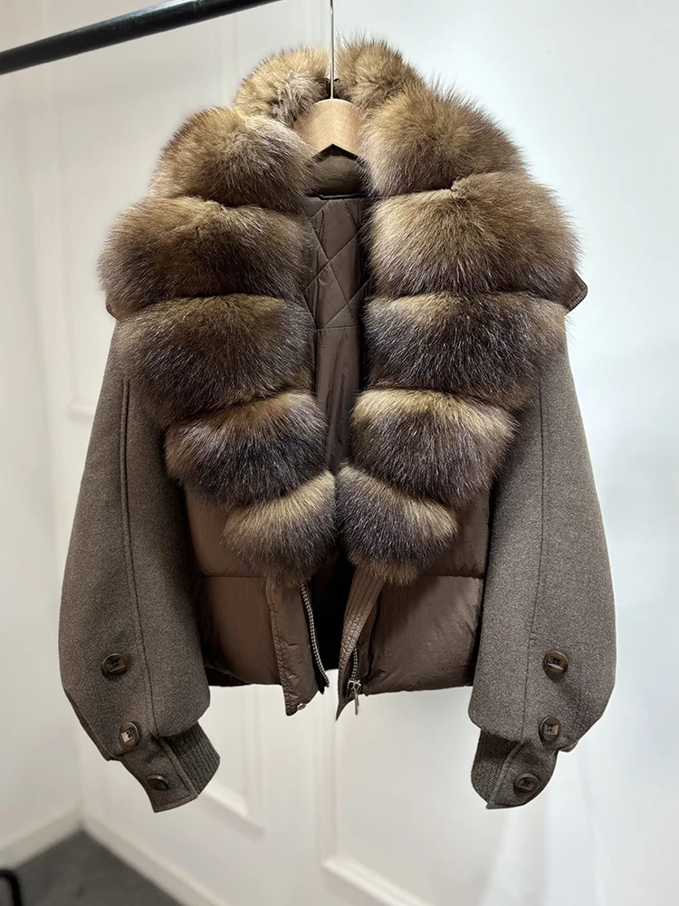 Janveny New 2026 Winter Clothes Women Short Big Real Fox Fur Jacket White Duck Down Coat Natural Fur Female Puffer Jackets Parka