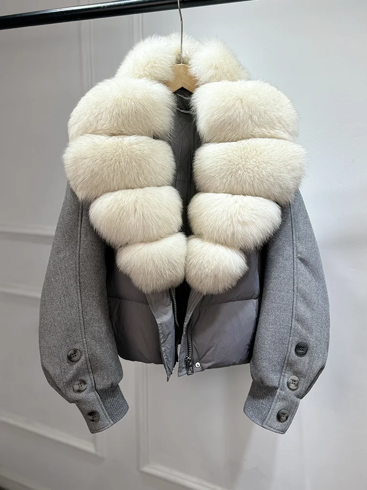 Janveny New 2026 Winter Clothes Women Short Big Real Fox Fur Jacket White Duck Down Coat Natural Fur Female Puffer Jackets Parka