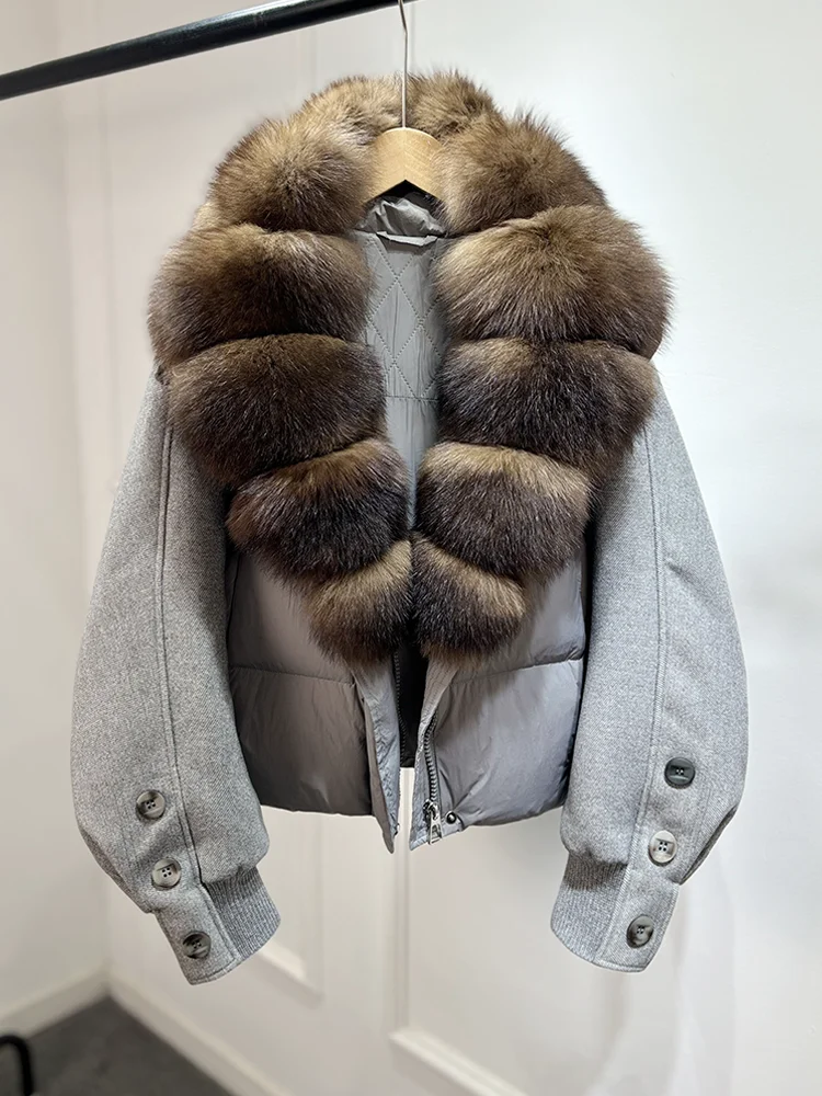 Janveny New 2026 Winter Clothes Women Short Big Real Fox Fur Jacket White Duck Down Coat Natural Fur Female Puffer Jackets Parka