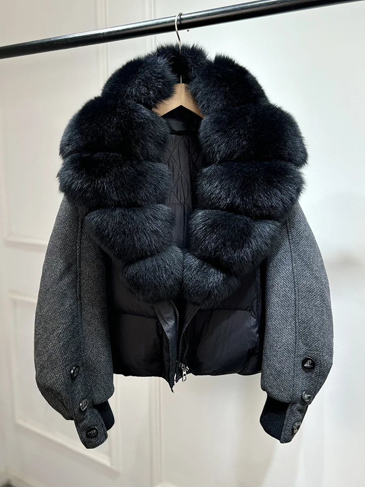 Janveny New 2026 Winter Clothes Women Short Big Real Fox Fur Jacket White Duck Down Coat Natural Fur Female Puffer Jackets Parka