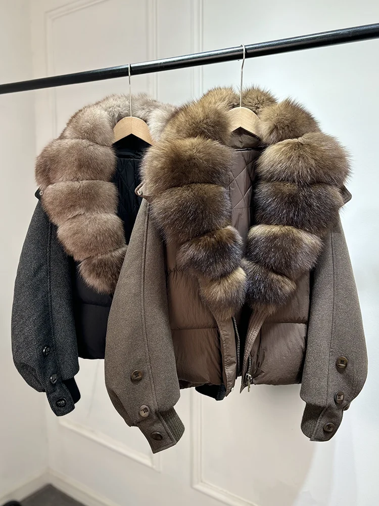 Janveny New 2026 Winter Clothes Women Short Big Real Fox Fur Jacket White Duck Down Coat Natural Fur Female Puffer Jackets Parka