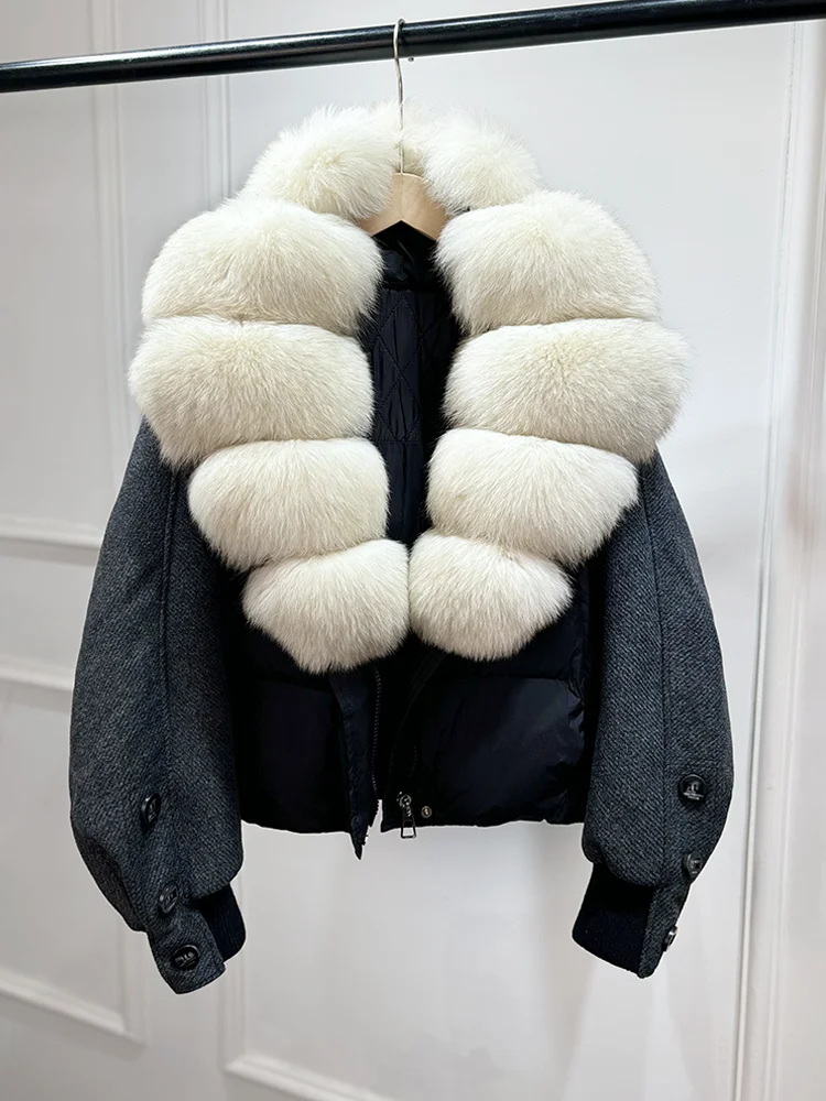 Janveny New 2026 Winter Clothes Women Short Big Real Fox Fur Jacket White Duck Down Coat Natural Fur Female Puffer Jackets Parka