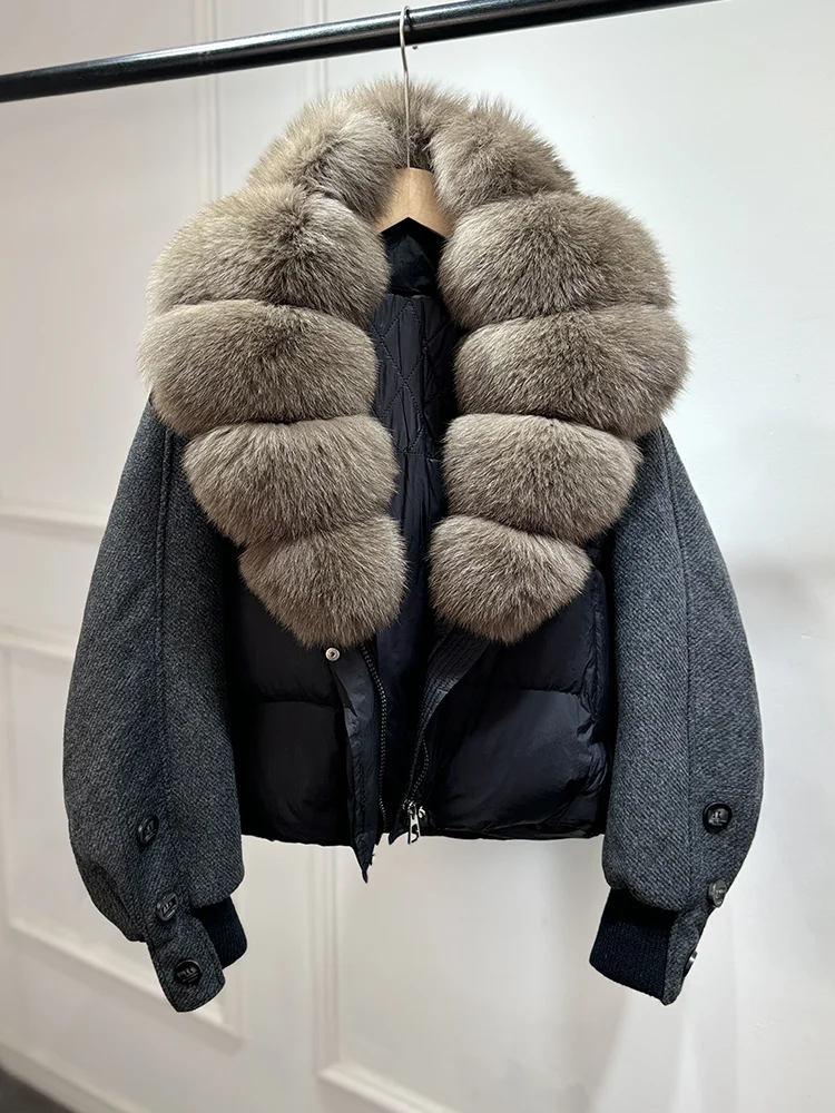 Janveny New 2026 Winter Clothes Women Short Big Real Fox Fur Jacket White Duck Down Coat Natural Fur Female Puffer Jackets Parka