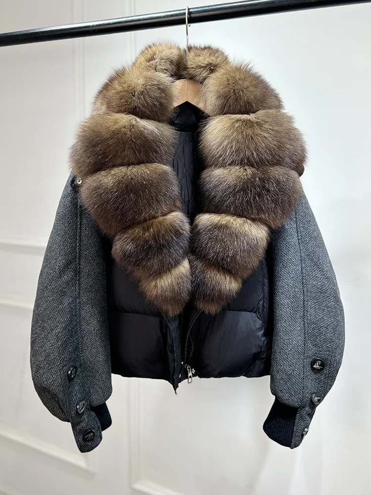 Janveny New 2026 Winter Clothes Women Short Big Real Fox Fur Jacket White Duck Down Coat Natural Fur Female Puffer Jackets Parka