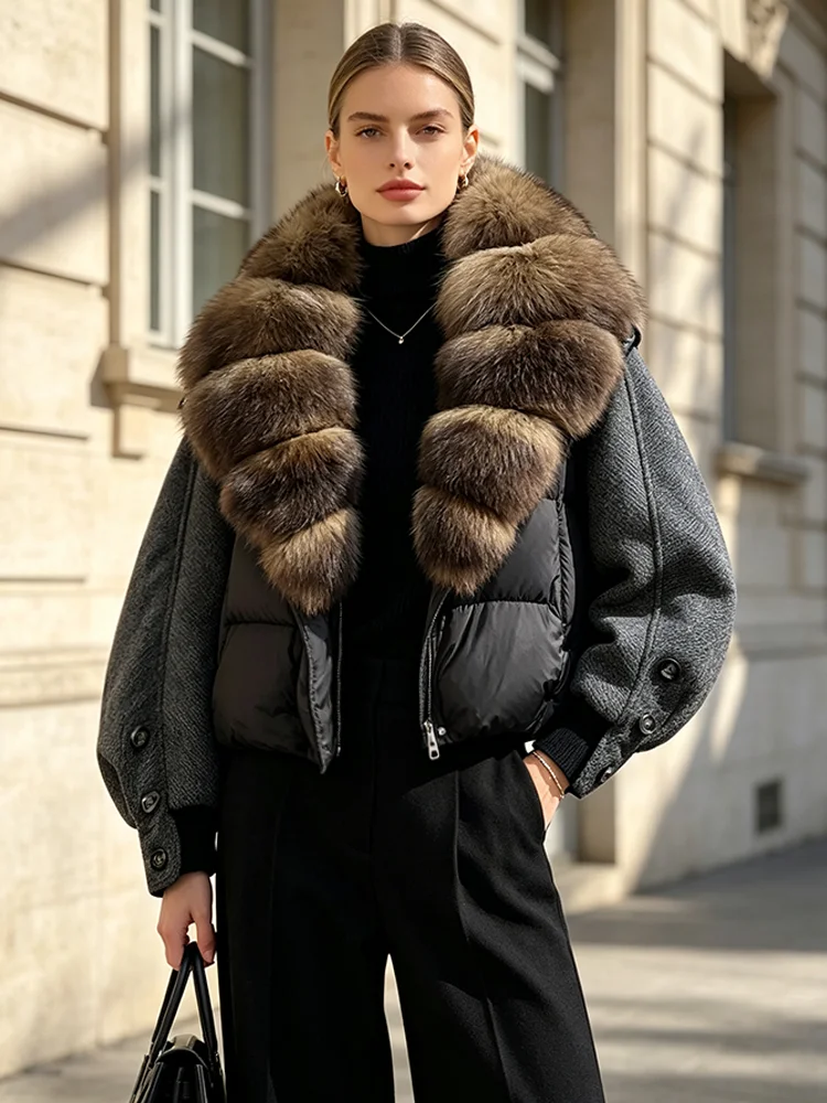 Janveny New 2026 Winter Clothes Women Short Big Real Fox Fur Jacket White Duck Down Coat Natural Fur Female Puffer Jackets Parka
