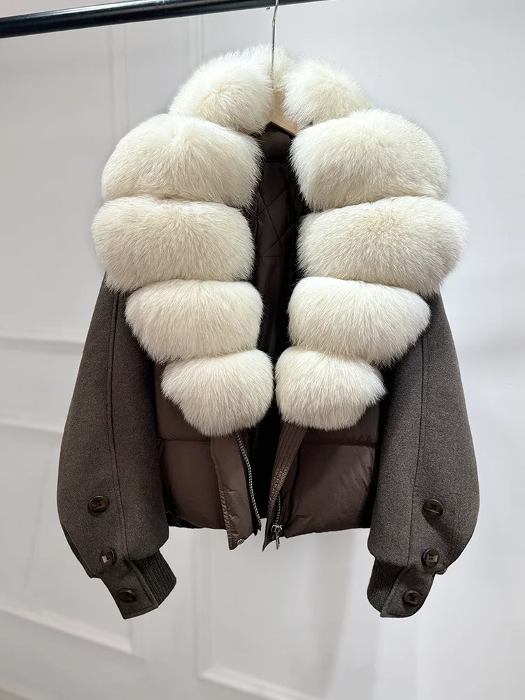 Janveny New 2026 Winter Clothes Women Short Big Real Fox Fur Jacket White Duck Down Coat Natural Fur Female Puffer Jackets Parka