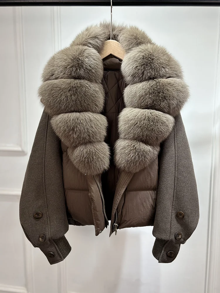 Janveny New 2026 Winter Clothes Women Short Big Real Fox Fur Jacket White Duck Down Coat Natural Fur Female Puffer Jackets Parka
