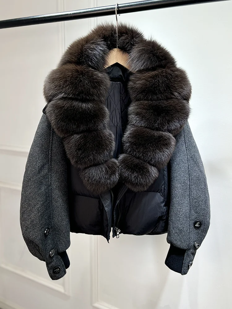 Janveny New 2026 Winter Clothes Women Short Big Real Fox Fur Jacket White Duck Down Coat Natural Fur Female Puffer Jackets Parka