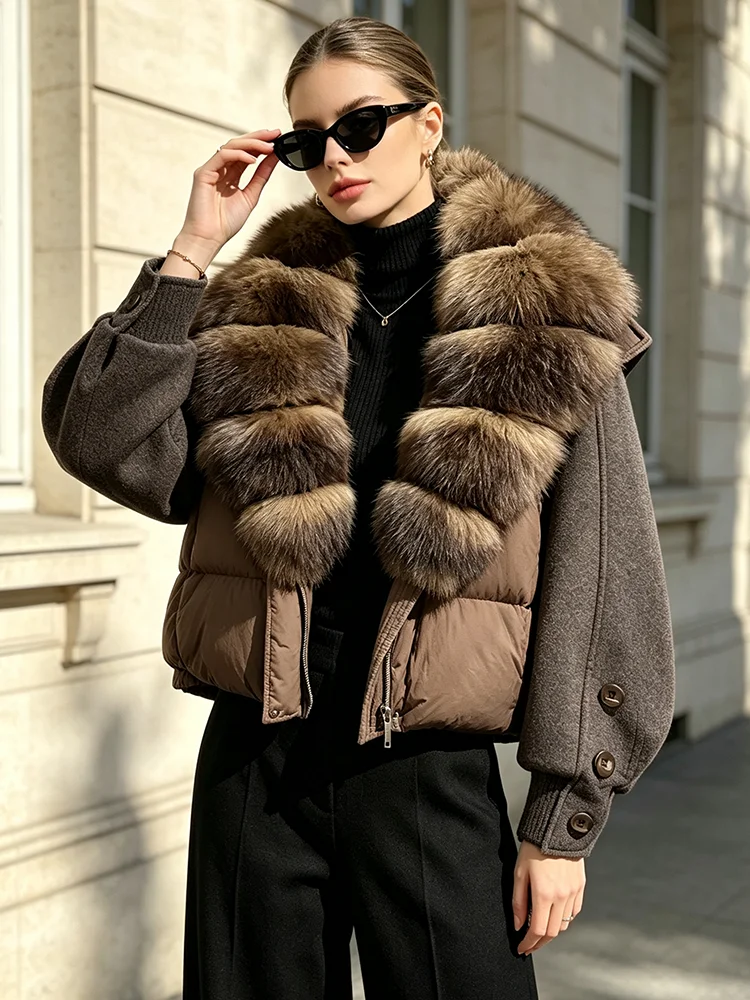 Janveny New 2026 Winter Clothes Women Short Big Real Fox Fur Jacket White Duck Down Coat Natural Fur Female Puffer Jackets Parka