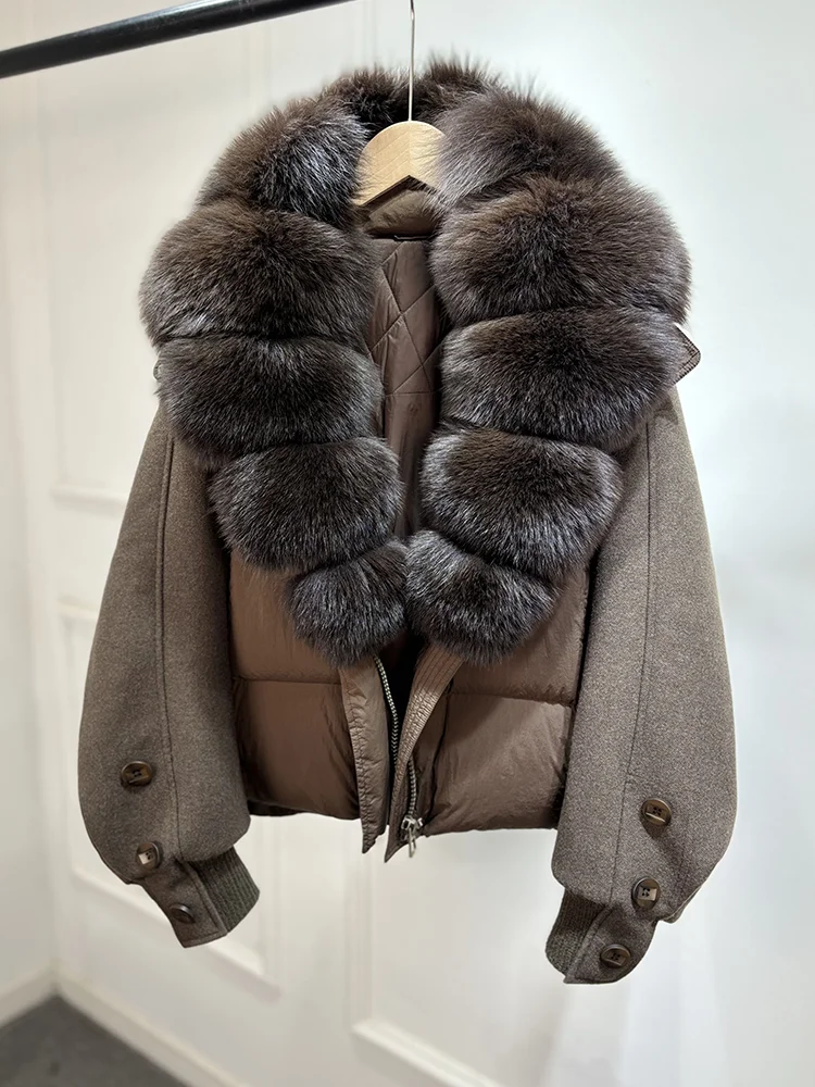 Janveny New 2026 Winter Clothes Women Short Big Real Fox Fur Jacket White Duck Down Coat Natural Fur Female Puffer Jackets Parka