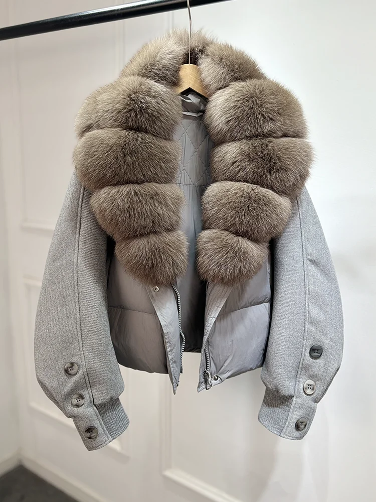 Janveny New 2026 Winter Clothes Women Short Big Real Fox Fur Jacket White Duck Down Coat Natural Fur Female Puffer Jackets Parka