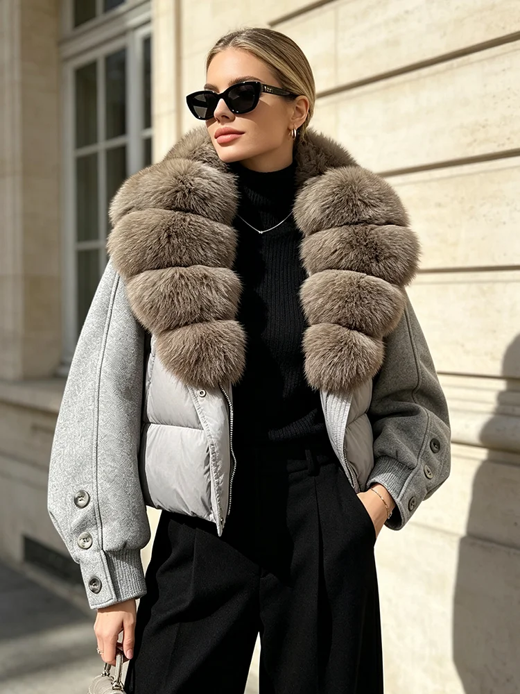 Janveny New 2026 Winter Clothes Women Short Big Real Fox Fur Jacket White Duck Down Coat Natural Fur Female Puffer Jackets Parka