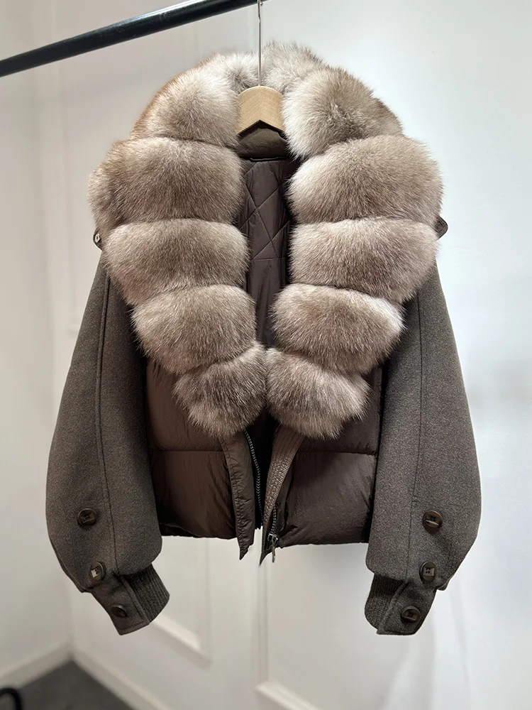Janveny New 2026 Winter Clothes Women Short Big Real Fox Fur Jacket White Duck Down Coat Natural Fur Female Puffer Jackets Parka