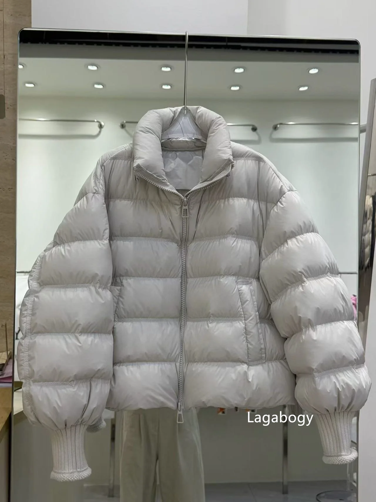 Lagabogy New Winter Women Loose White Duck Down Jacket Female Thicken Knitted Sleeve Puffer Coat Outerwear Ladies Casual Outwear