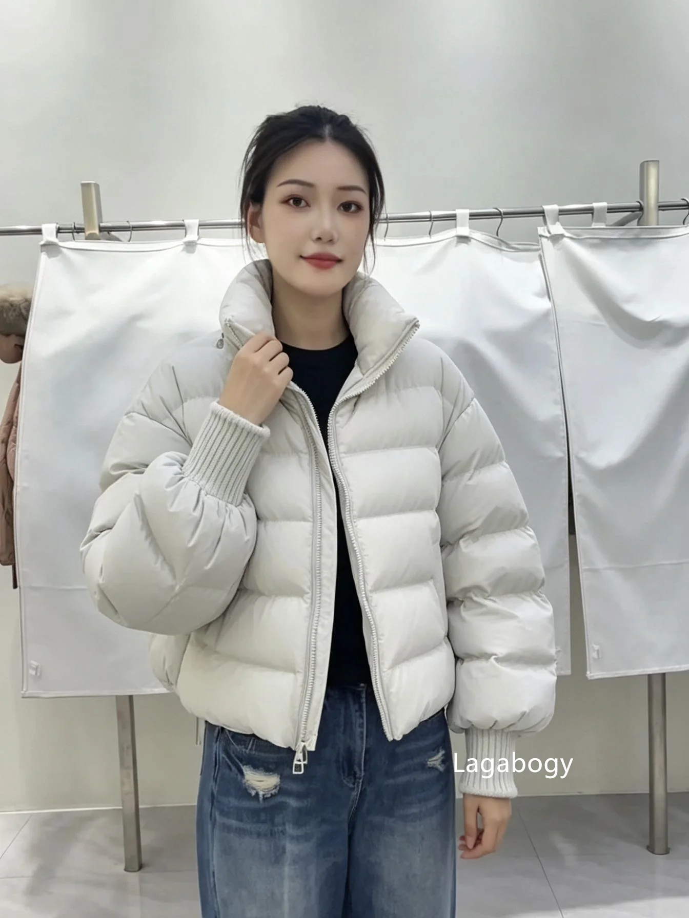 Lagabogy New Winter Women Loose White Duck Down Jacket Female Thicken Knitted Sleeve Puffer Coat Outerwear Ladies Casual Outwear