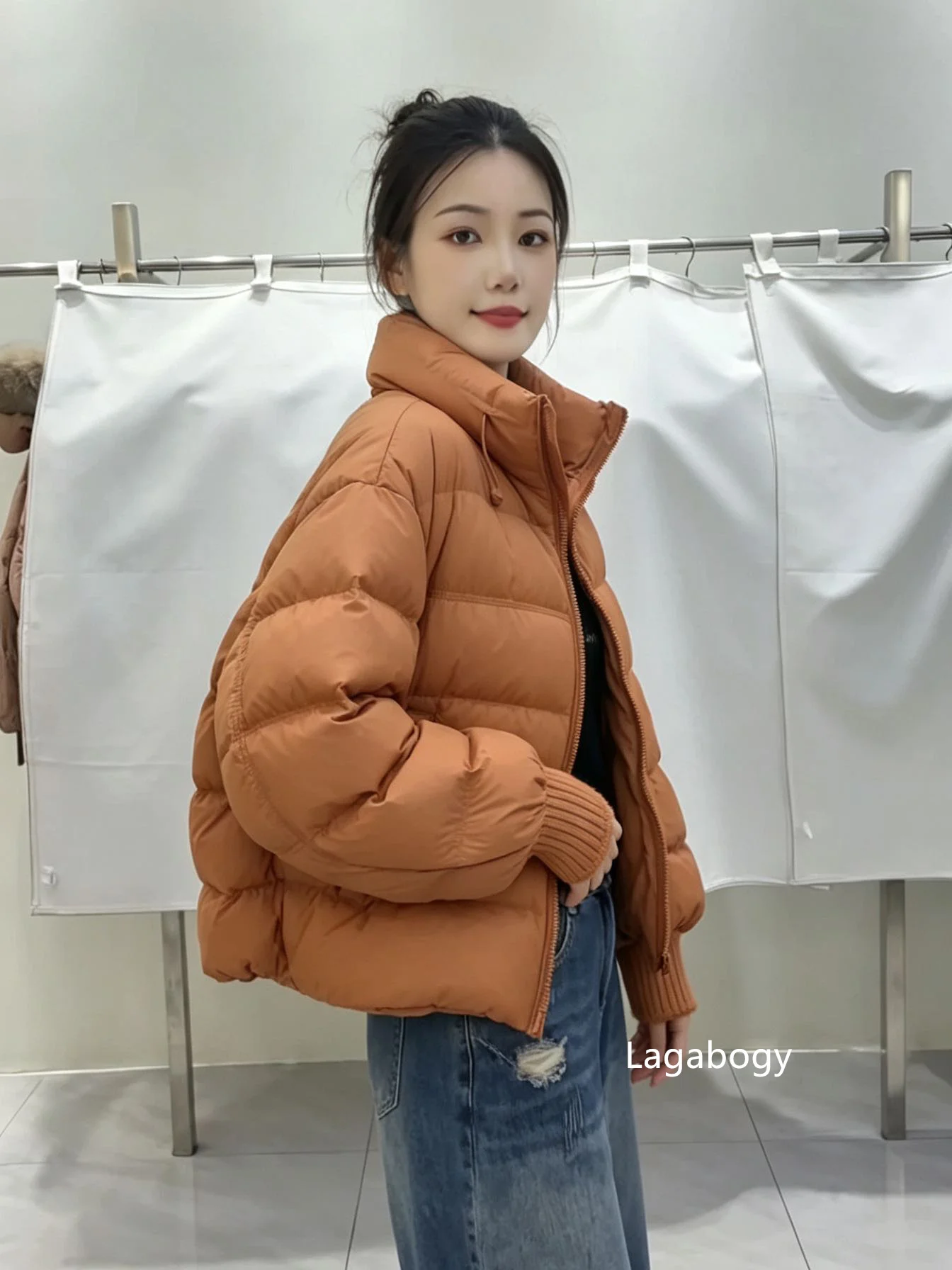 Lagabogy New Winter Women Loose White Duck Down Jacket Female Thicken Knitted Sleeve Puffer Coat Outerwear Ladies Casual Outwear