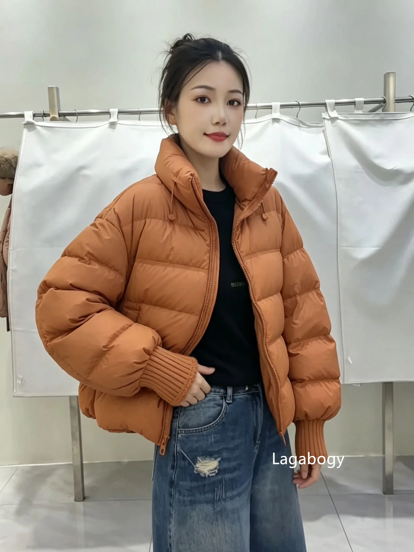 Lagabogy New Winter Women Loose White Duck Down Jacket Female Thicken Knitted Sleeve Puffer Coat Outerwear Ladies Casual Outwear