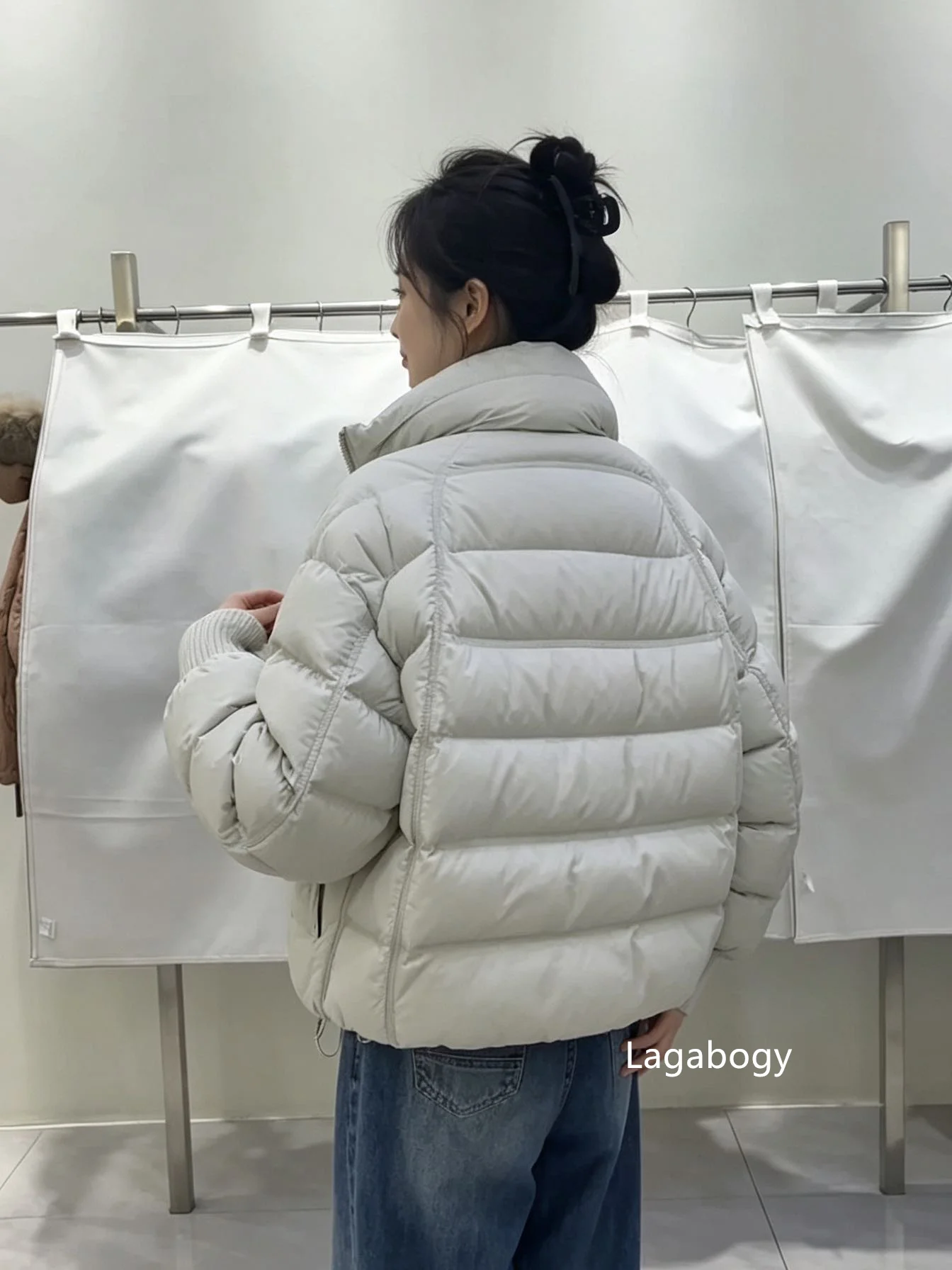 Lagabogy New Winter Women Loose White Duck Down Jacket Female Thicken Knitted Sleeve Puffer Coat Outerwear Ladies Casual Outwear