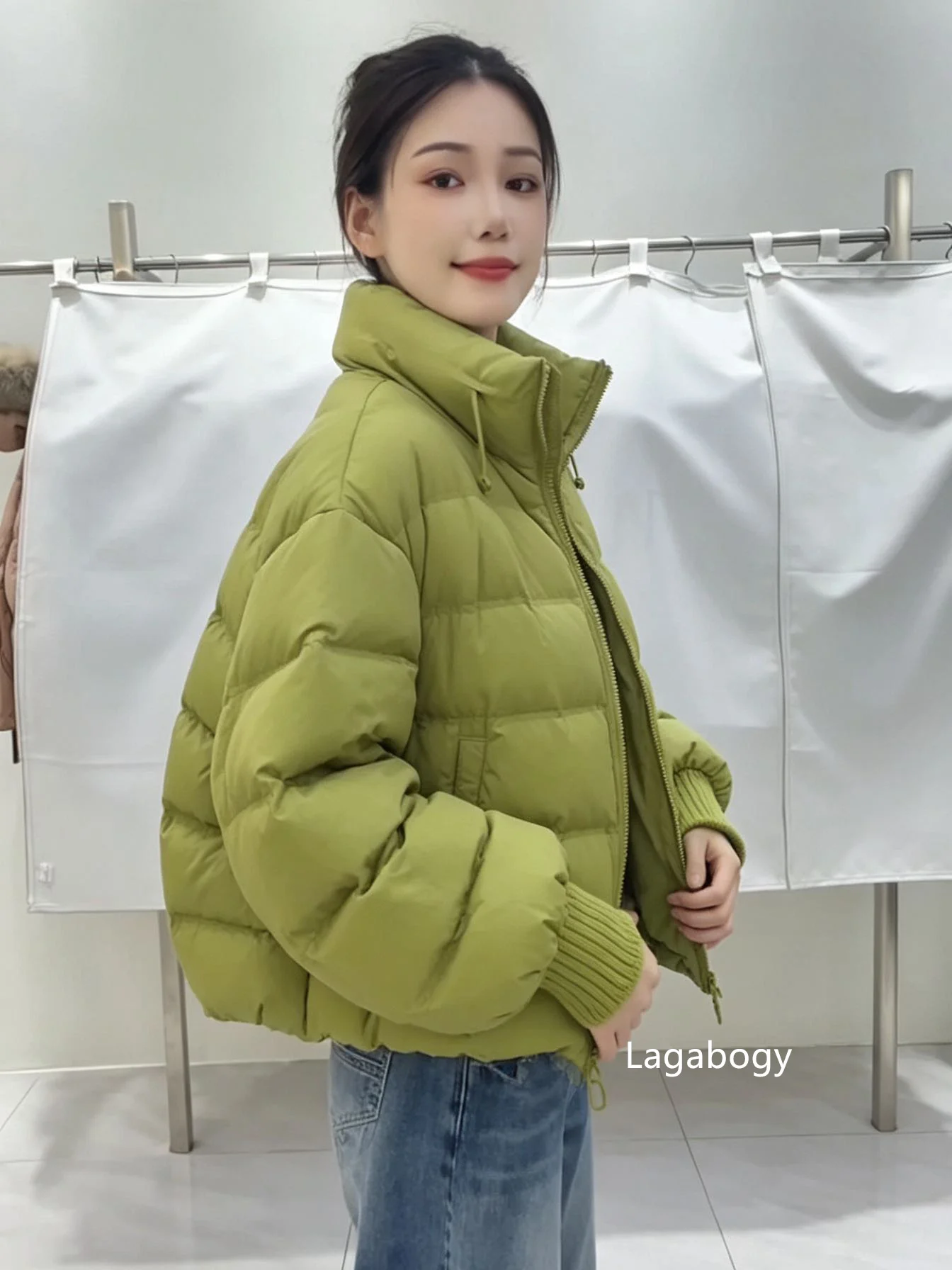 Lagabogy New Winter Women Loose White Duck Down Jacket Female Thicken Knitted Sleeve Puffer Coat Outerwear Ladies Casual Outwear