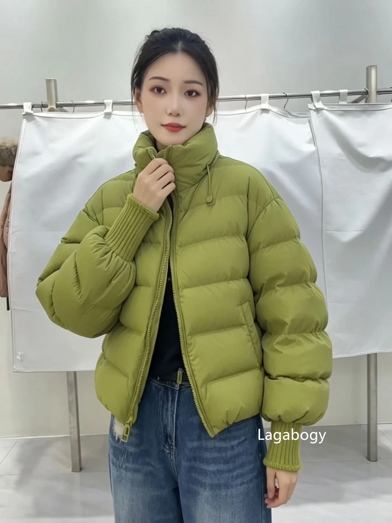 Lagabogy New Winter Women Loose White Duck Down Jacket Female Thicken Knitted Sleeve Puffer Coat Outerwear Ladies Casual Outwear