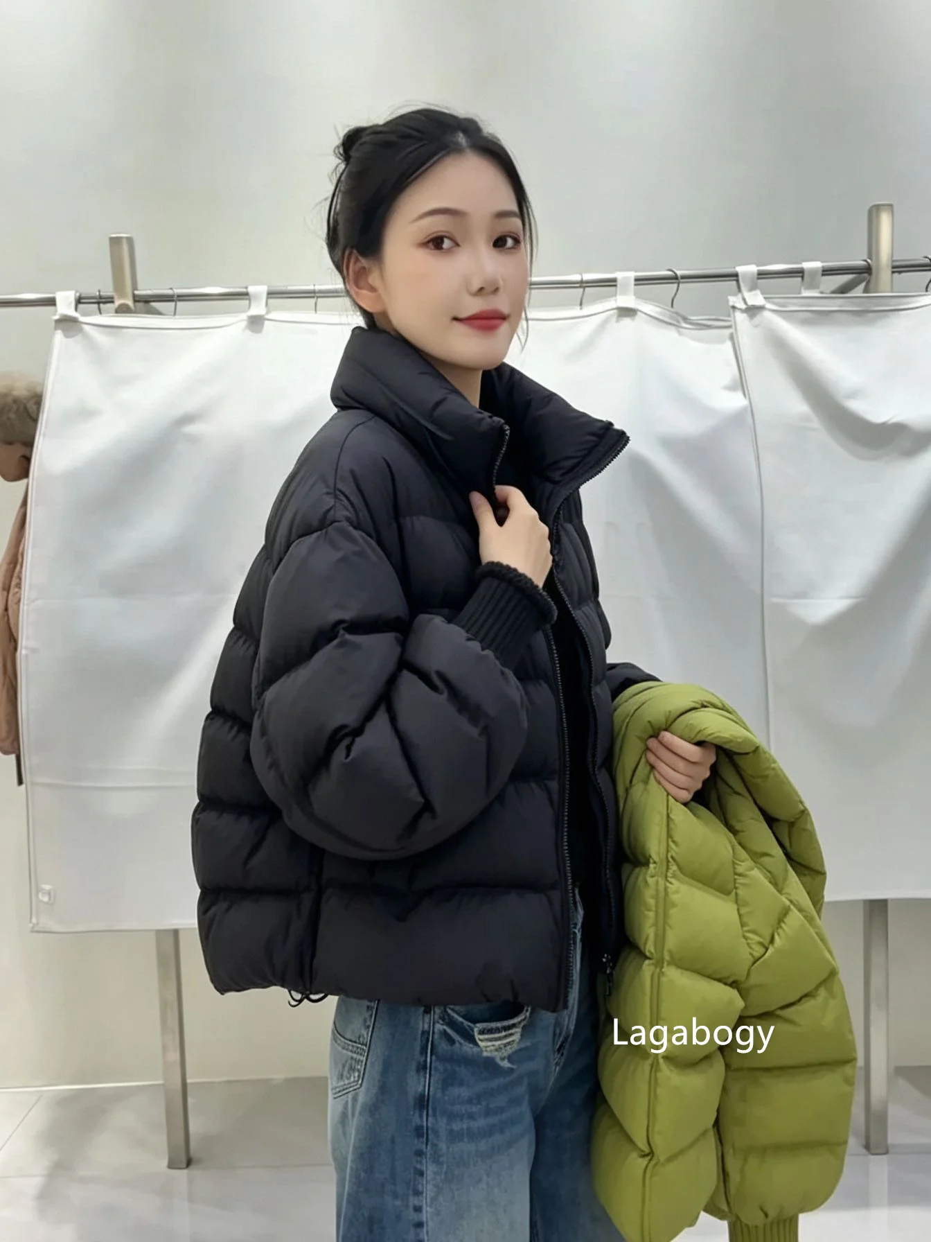 Lagabogy New Winter Women Loose White Duck Down Jacket Female Thicken Knitted Sleeve Puffer Coat Outerwear Ladies Casual Outwear