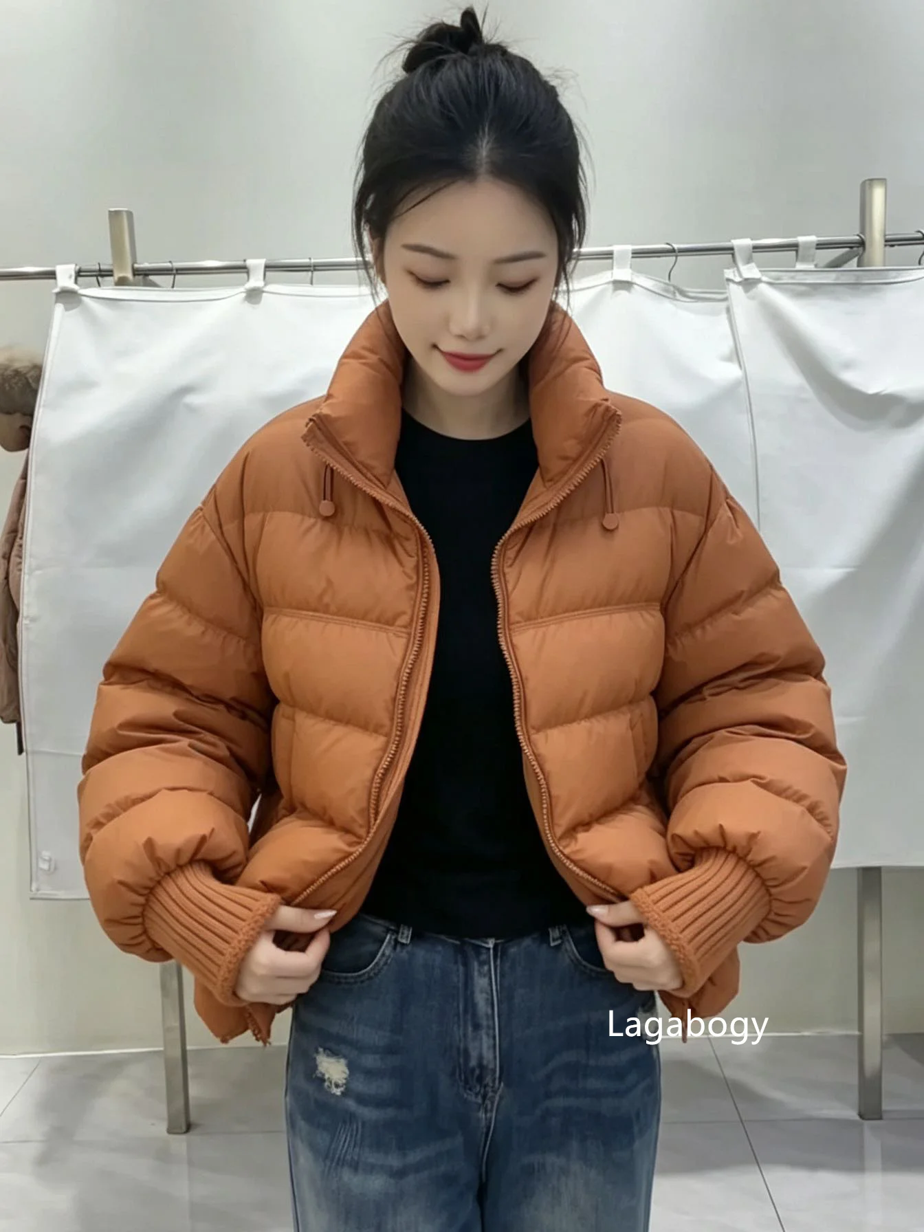 Lagabogy New Winter Women Loose White Duck Down Jacket Female Thicken Knitted Sleeve Puffer Coat Outerwear Ladies Casual Outwear