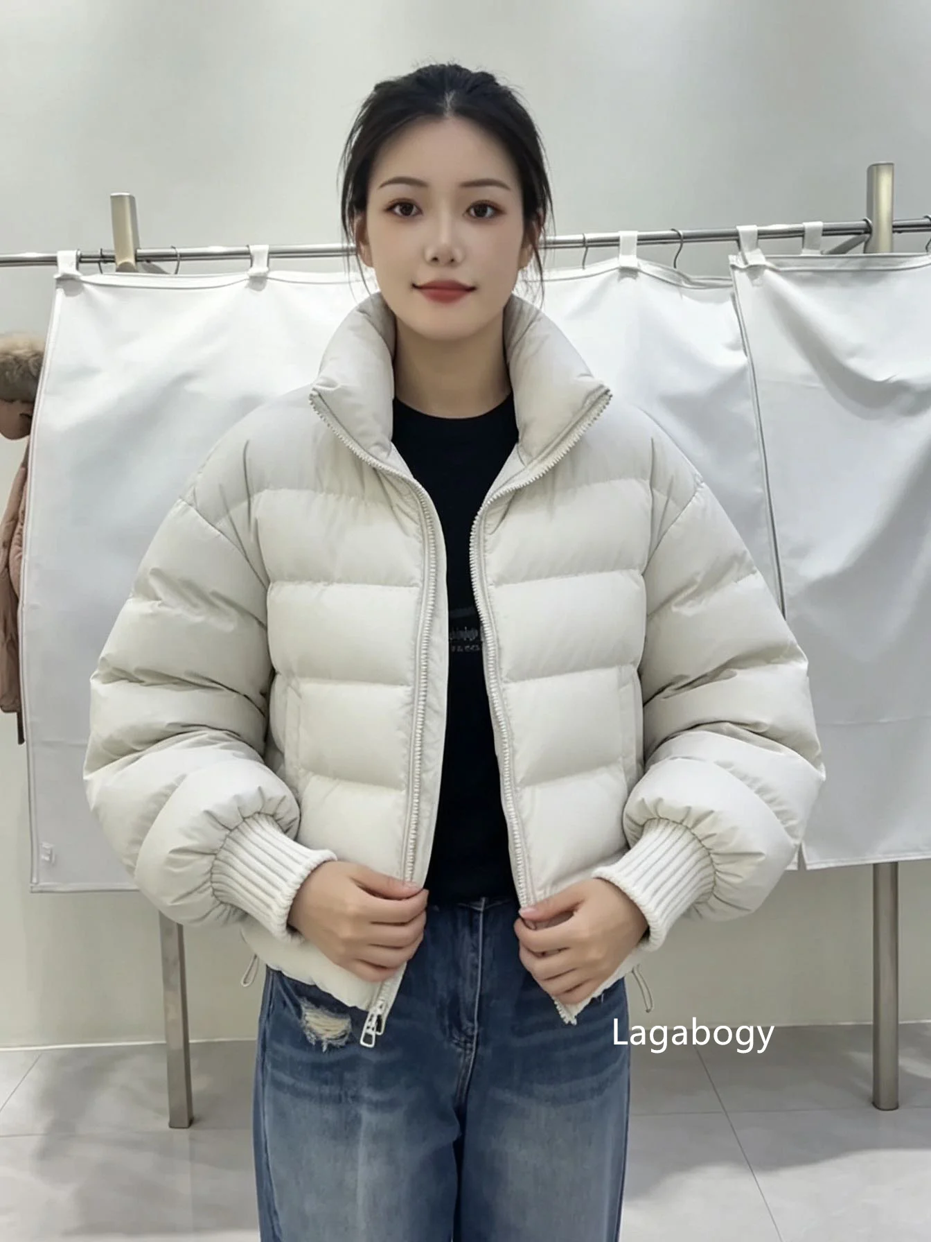 Lagabogy New Winter Women Loose White Duck Down Jacket Female Thicken Knitted Sleeve Puffer Coat Outerwear Ladies Casual Outwear