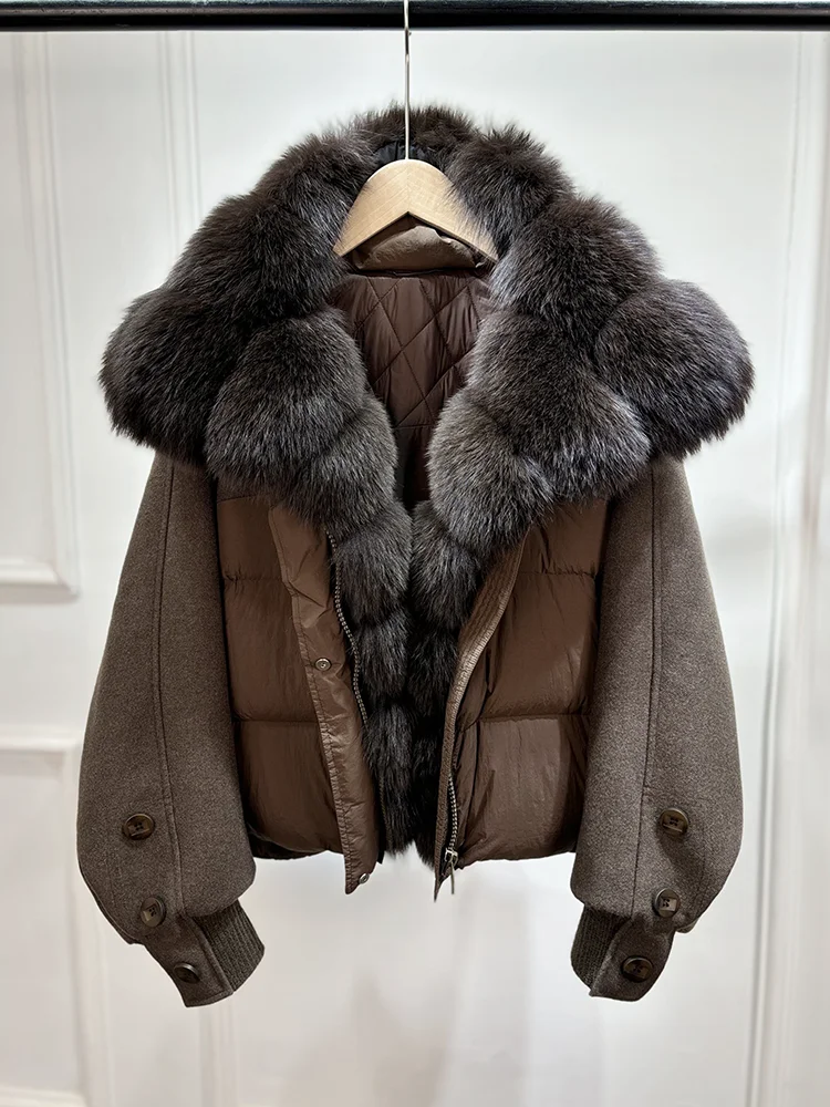 Lagabogy 2026 Natural Real Fur Collar Down Coat Women Thick Puffer Jacket Autumn Winter Loose Patchwork Sleeves Female Parkas