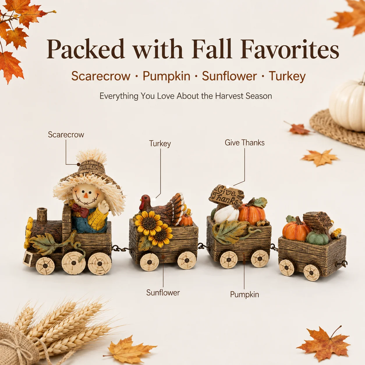 Hodao Scarecrow Resin Fall Harvest Train Figurine, Locomotive with Turkey Pumpkin Sunflower Wagons, Thanksgiving Tabletop Decoration, Rustic Autumn Farmhouse Shelf Sitter Ornament for Mantel, Home, Patio and Seasonal Holiday Display