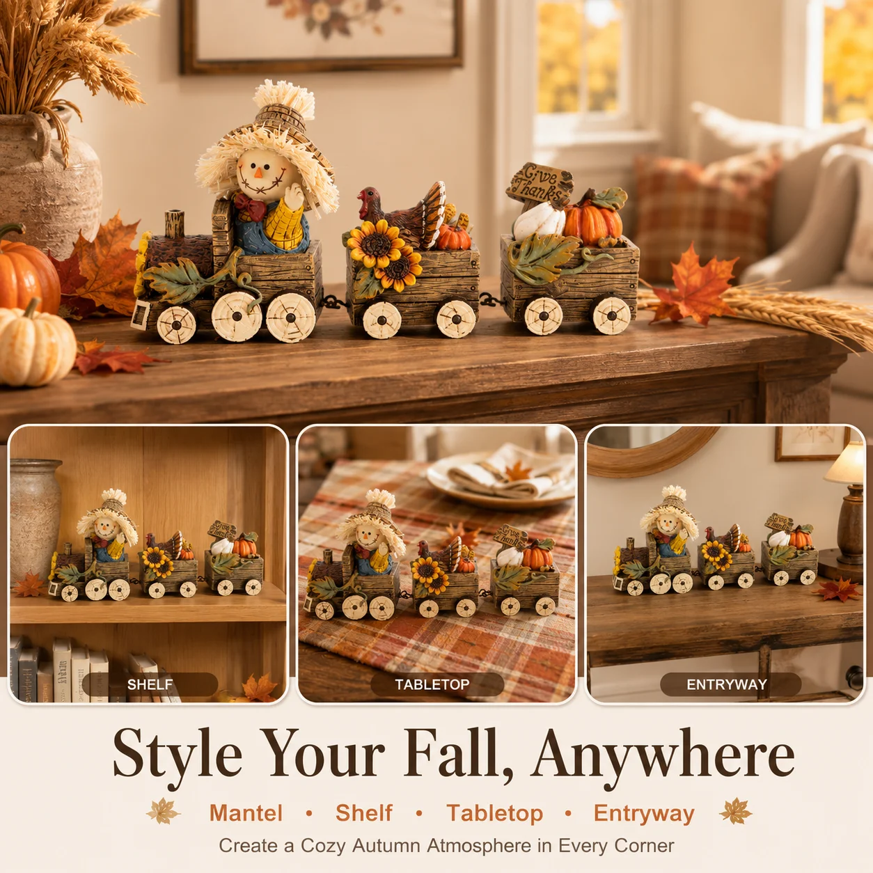 Hodao Scarecrow Resin Fall Harvest Train Figurine, Locomotive with Turkey Pumpkin Sunflower Wagons, Thanksgiving Tabletop Decoration, Rustic Autumn Farmhouse Shelf Sitter Ornament for Mantel, Home, Patio and Seasonal Holiday Display
