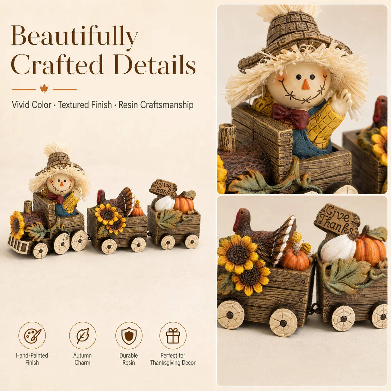 Hodao Scarecrow Resin Fall Harvest Train Figurine, Locomotive with Turkey Pumpkin Sunflower Wagons, Thanksgiving Tabletop Decoration, Rustic Autumn Farmhouse Shelf Sitter Ornament for Mantel, Home, Patio and Seasonal Holiday Display