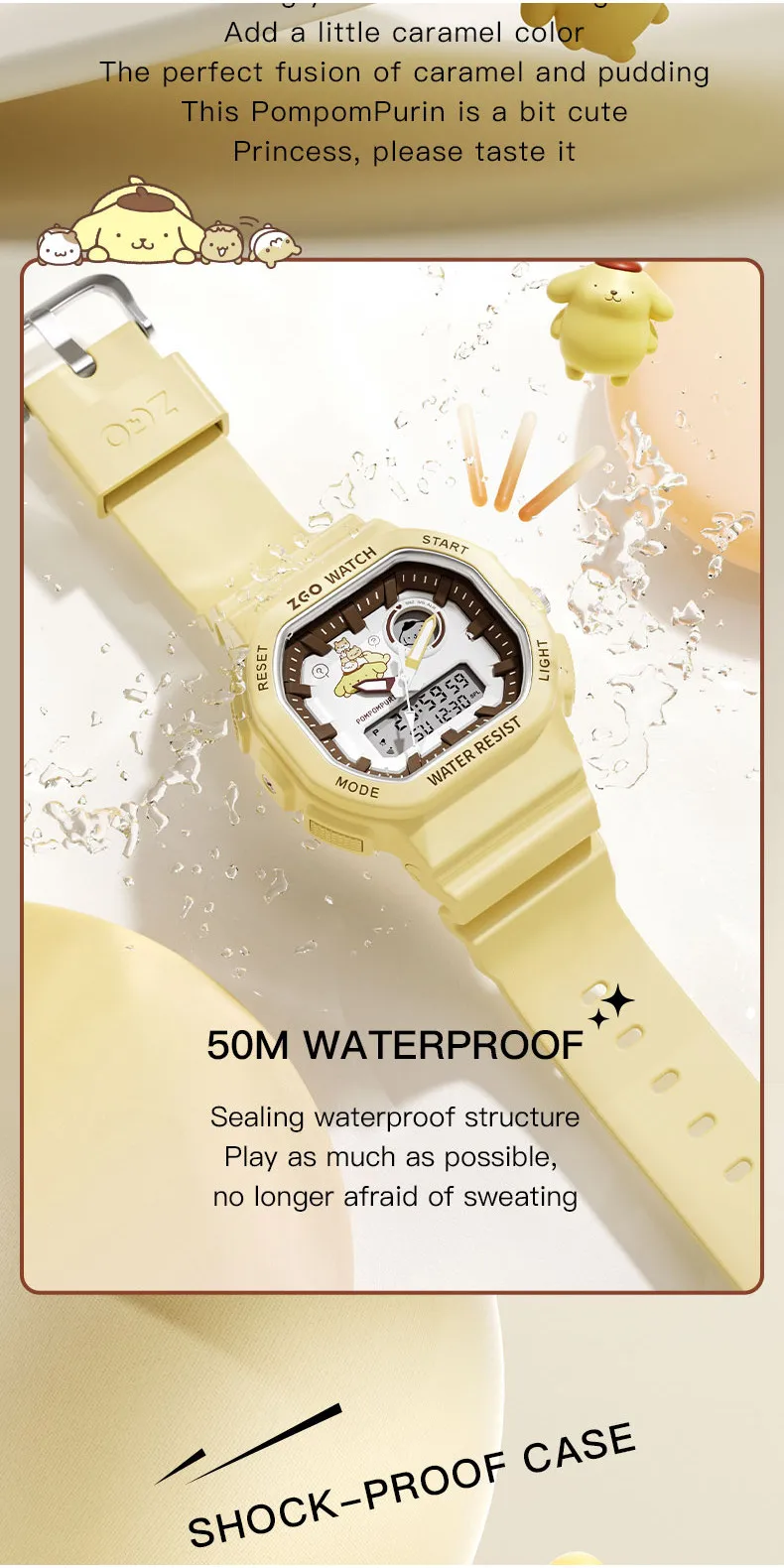 Zgo Sanrio pomporpurin kids watch for boys, waterproof with night light, sports digital chronograph watch 810