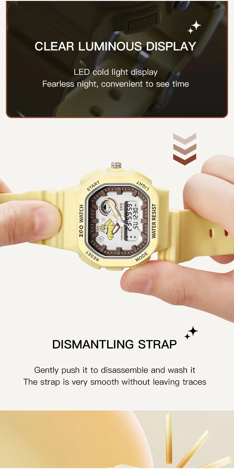 Zgo Sanrio pomporpurin kids watch for boys, waterproof with night light, sports digital chronograph watch 810
