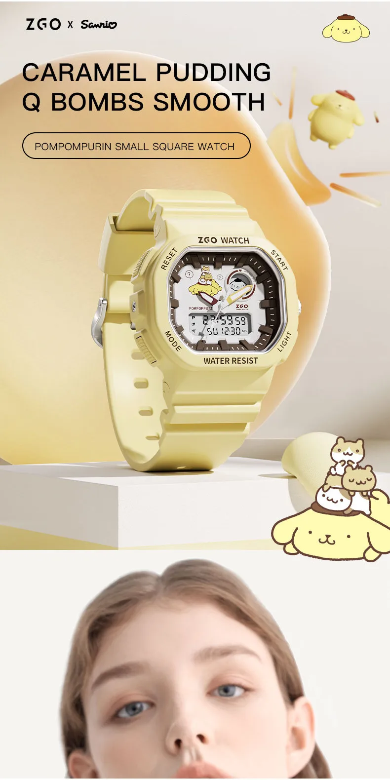 Zgo Sanrio pomporpurin kids watch for boys, waterproof with night light, sports digital chronograph watch 810