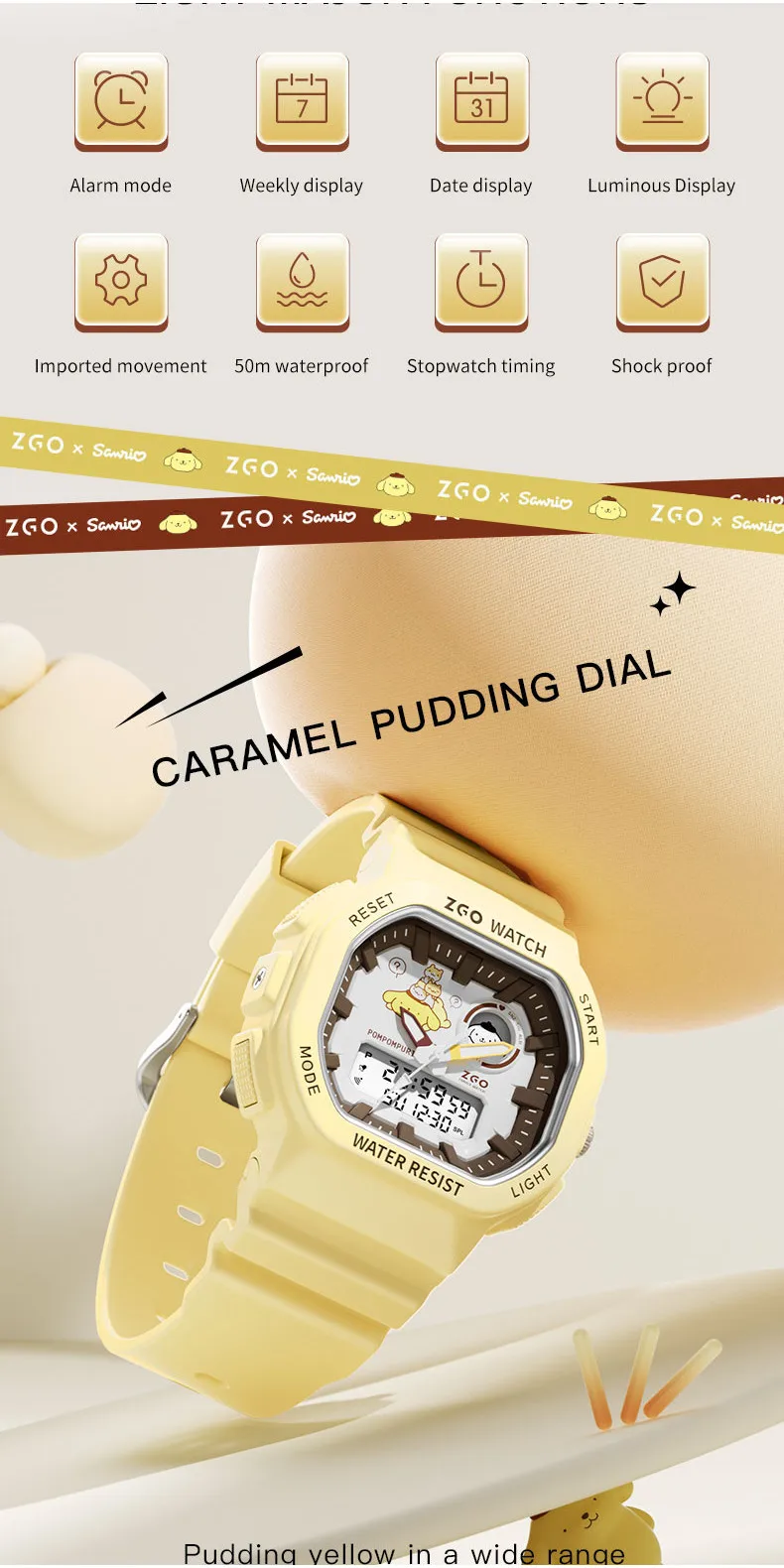 Zgo Sanrio pomporpurin kids watch for boys, waterproof with night light, sports digital chronograph watch 810