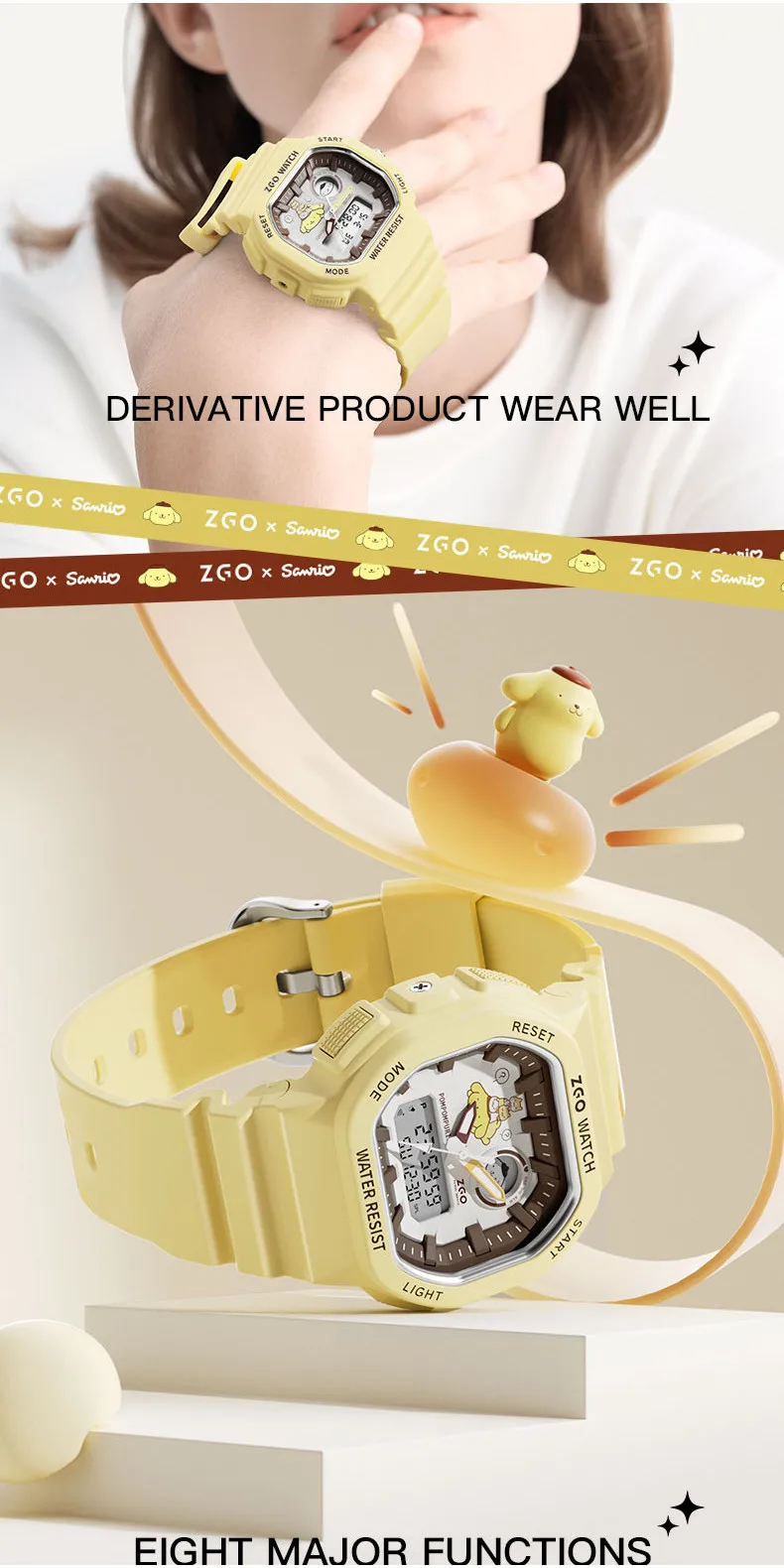 Zgo Sanrio pomporpurin kids watch for boys, waterproof with night light, sports digital chronograph watch 810