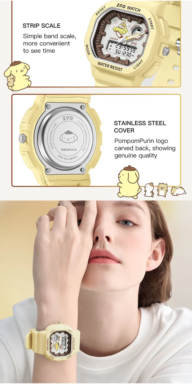 Zgo Sanrio pomporpurin kids watch for boys, waterproof with night light, sports digital chronograph watch 810