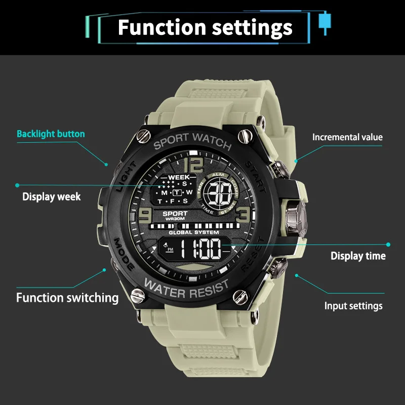 Men's Electronic Wristwatch Outdoor Multifunction Sports LED Digital Watch Waterproof Luminous Alarm-clock Stopwatch for Man