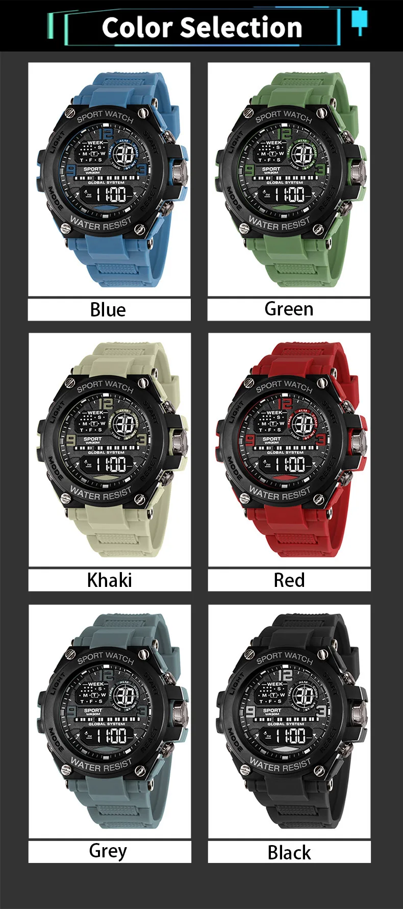 Men's Electronic Wristwatch Outdoor Multifunction Sports LED Digital Watch Waterproof Luminous Alarm-clock Stopwatch for Man