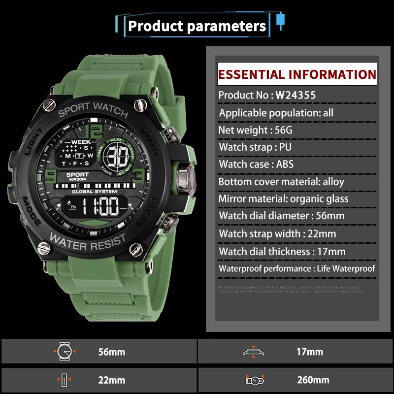 Men's Electronic Wristwatch Outdoor Multifunction Sports LED Digital Watch Waterproof Luminous Alarm-clock Stopwatch for Man