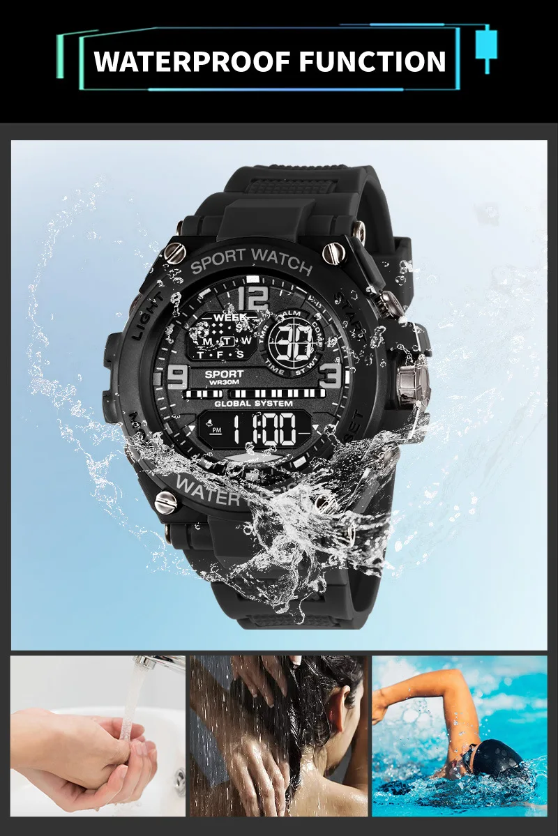 Men's Electronic Wristwatch Outdoor Multifunction Sports LED Digital Watch Waterproof Luminous Alarm-clock Stopwatch for Man