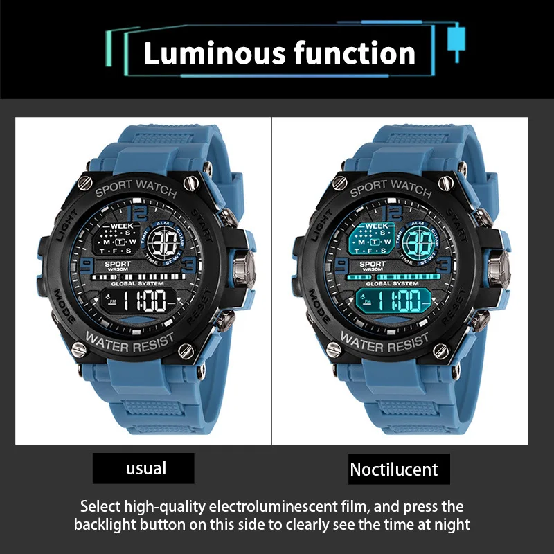 Men's Electronic Wristwatch Outdoor Multifunction Sports LED Digital Watch Waterproof Luminous Alarm-clock Stopwatch for Man