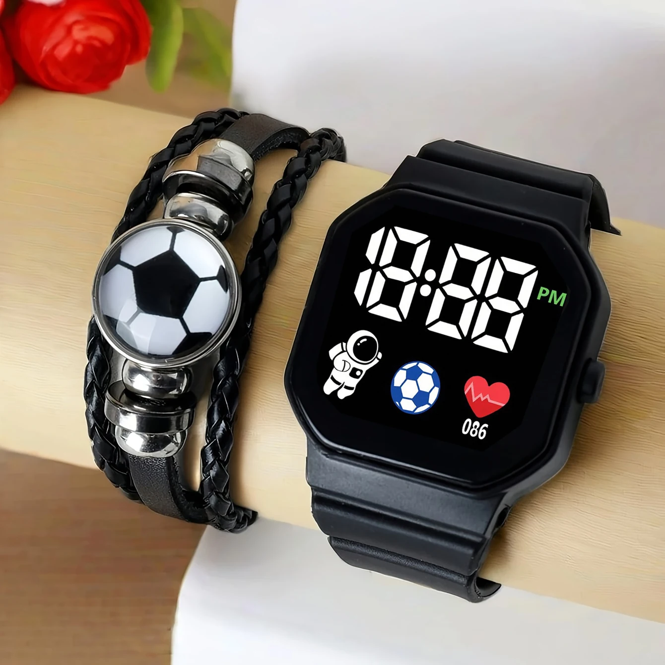 2-Piece Set of Black Silicone Digital Watches Paired with a Simple Football Series Bracelet Set, Suitable for Daily Wear and Various Occasions Such as Holiday Parties