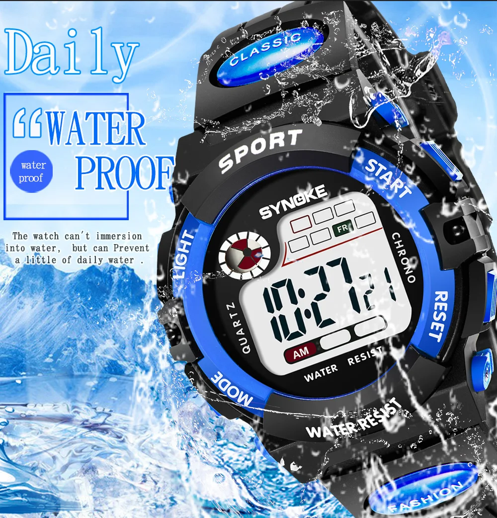 Synoke Kids Digital Sport's Watches Fashion PU Strap Led Waterproof Boy Girl Military Wristwatch Student Alarm Clock