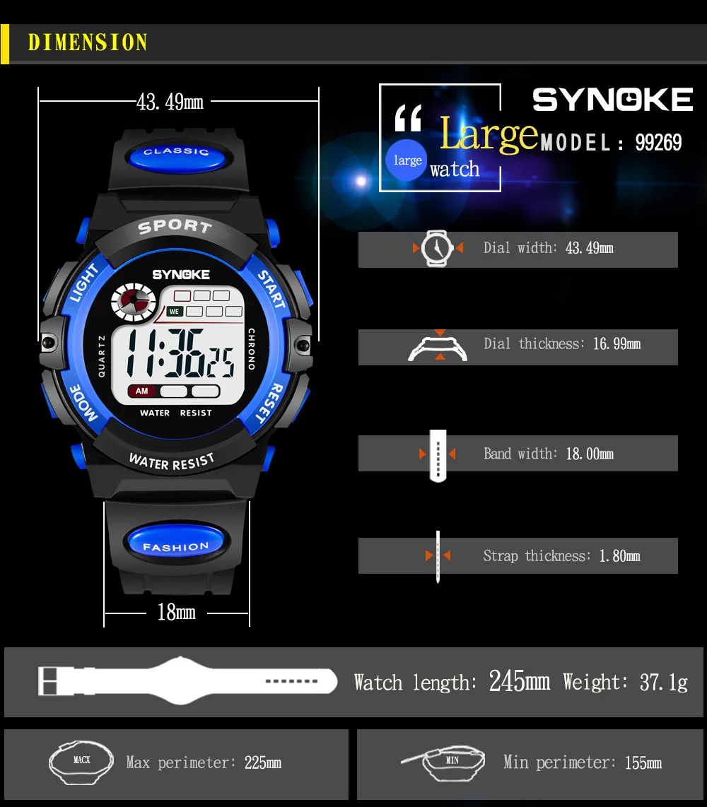 Synoke Kids Digital Sport's Watches Fashion PU Strap Led Waterproof Boy Girl Military Wristwatch Student Alarm Clock