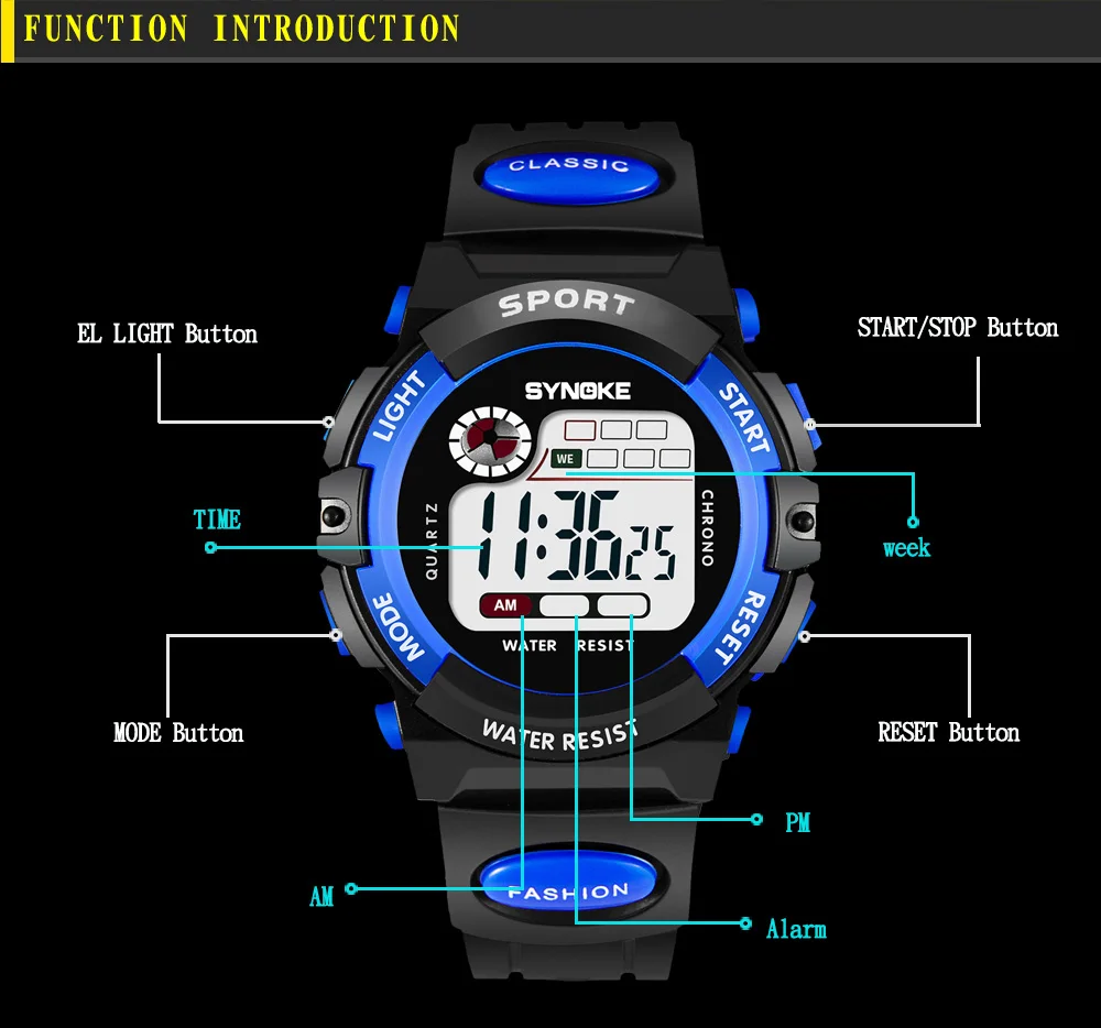 Synoke Kids Digital Sport's Watches Fashion PU Strap Led Waterproof Boy Girl Military Wristwatch Student Alarm Clock