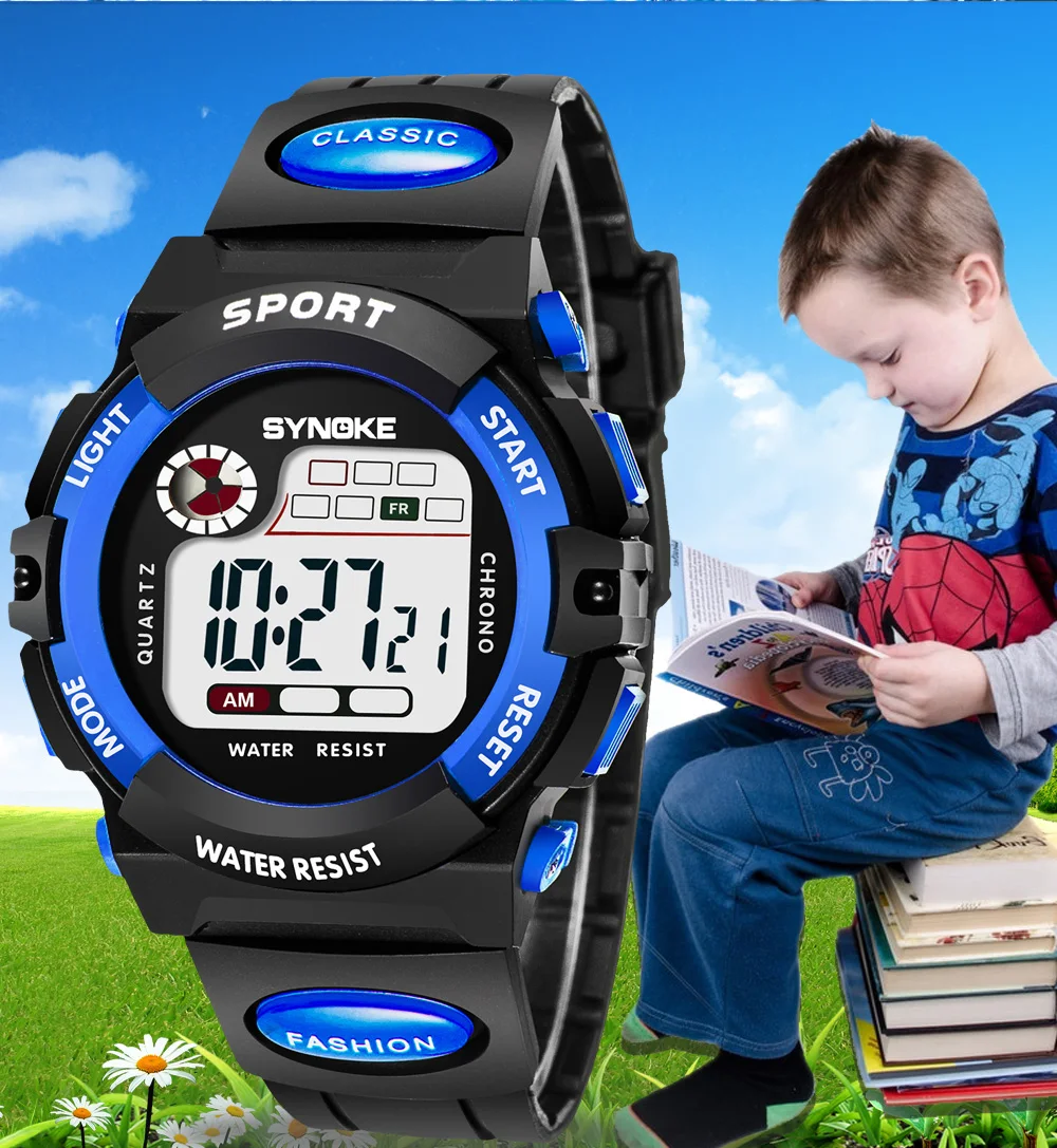 Synoke Kids Digital Sport's Watches Fashion PU Strap Led Waterproof Boy Girl Military Wristwatch Student Alarm Clock