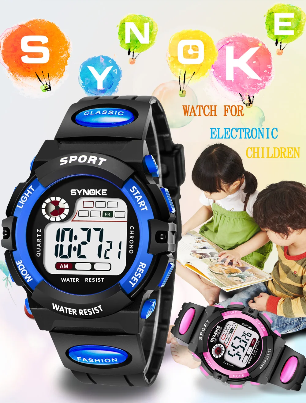 Synoke Kids Digital Sport's Watches Fashion PU Strap Led Waterproof Boy Girl Military Wristwatch Student Alarm Clock