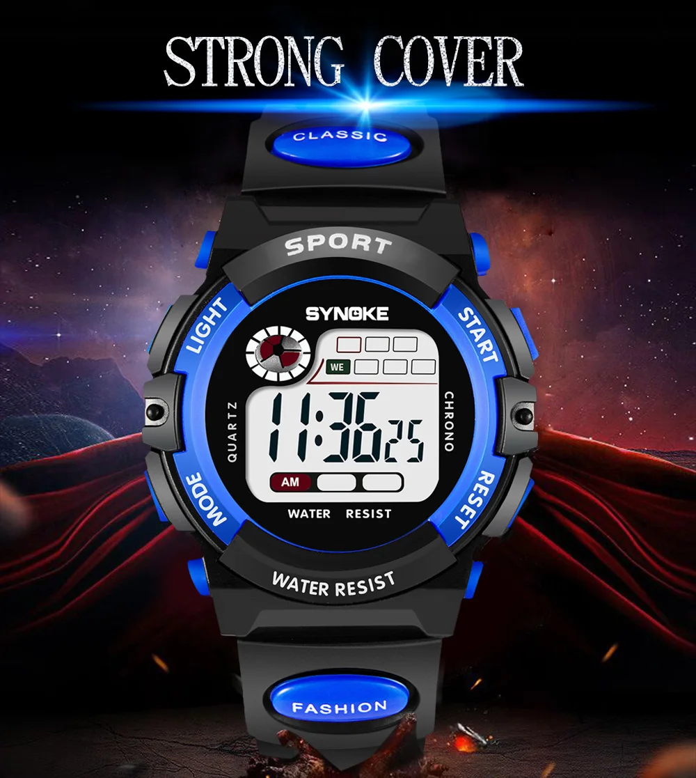Synoke Kids Digital Sport's Watches Fashion PU Strap Led Waterproof Boy Girl Military Wristwatch Student Alarm Clock