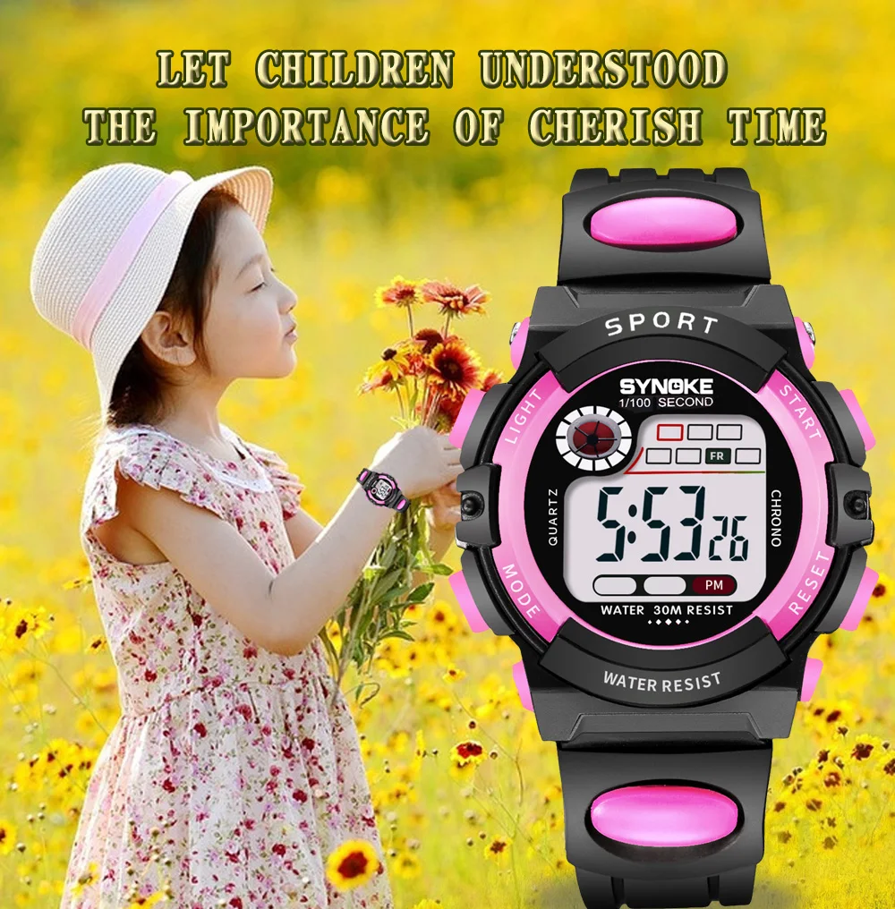 Synoke Kids Digital Sport's Watches Fashion PU Strap Led Waterproof Boy Girl Military Wristwatch Student Alarm Clock